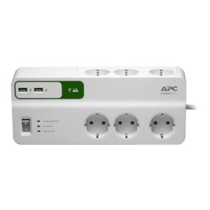 APC Steckdosenleiste, 6xDosen(CEE7)->1xStecker(CEE7), Schalter, Überspannung, mit 5 V, 2,4 A, 2 USB-Ports